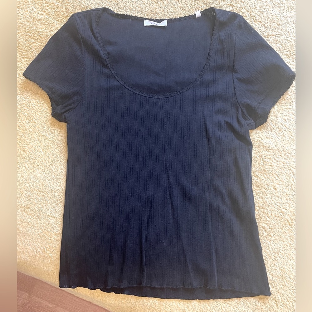 DÔEN Black Pointelle Tee T Shirt Organic Cotton XXL